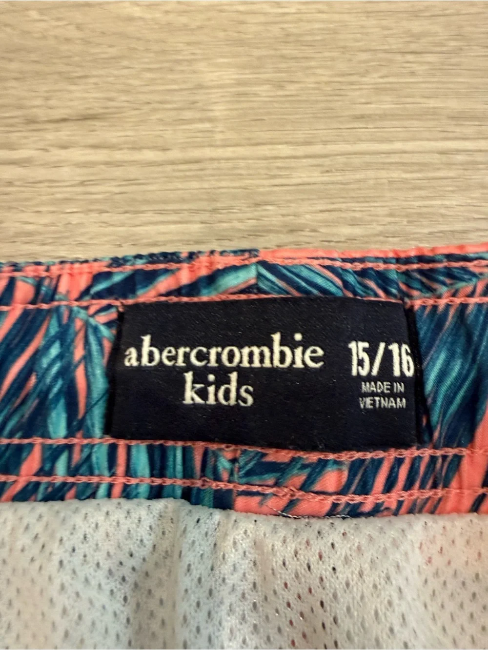 abercrombie kids Coral and Teal Palm-Print Swim Trunks